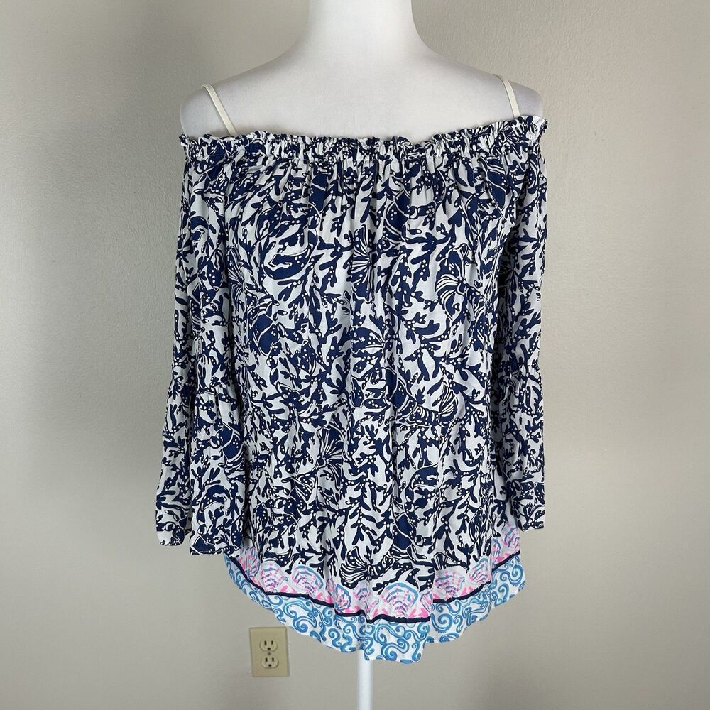 Lilly Pulitzer Nevie Off the Shoulder Blouse Oyster Bay Blue Krillin It Size M